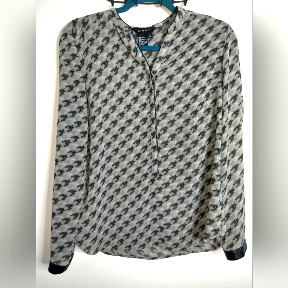 Light (Size S) Multicolored Semi-Sheer Houndstooth LS Faux Leather Trim Blouse